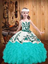  Straps Sleeveless Organza Pageant Dress for Teens Embroidery and Ruffles Zipper