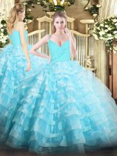  Spaghetti Straps Sleeveless Ball Gown Prom Dress Floor Length Ruffled Layers Aqua Blue Organza