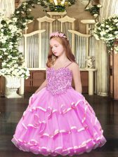 Adorable Floor Length Rose Pink Little Girls Pageant Dress Organza Sleeveless Appliques and Ruffled Layers