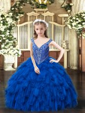 High End Royal Blue Ball Gowns Beading and Ruffles Pageant Dress for Girls Lace Up Organza Sleeveless Floor Length