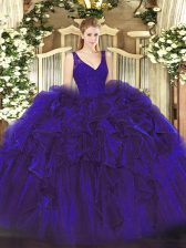  Sleeveless Organza Floor Length Zipper Sweet 16 Dress in Purple with Beading and Ruffles