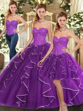 High Class Eggplant Purple Sleeveless Floor Length Beading and Ruffles Lace Up Sweet 16 Dresses