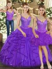 Purple Sleeveless Organza Lace Up Quinceanera Gowns for Military Ball and Sweet 16 and Quinceanera