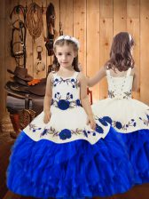  Royal Blue Straps Neckline Embroidery and Ruffles Pageant Dress for Womens Sleeveless Lace Up