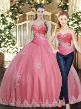 Stunning Beading and Appliques Quinceanera Gown Rose Pink Lace Up Sleeveless Floor Length
