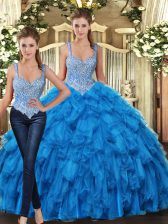 Romantic Teal Tulle Lace Up Quince Ball Gowns Sleeveless Floor Length Beading and Ruffles