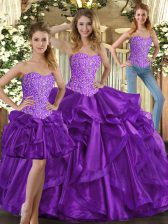 Charming Sleeveless Floor Length Beading and Ruffles Lace Up Quinceanera Dress with Eggplant Purple
