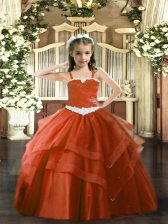  Rust Red Tulle Lace Up Little Girls Pageant Gowns Sleeveless Floor Length Appliques and Ruffled Layers