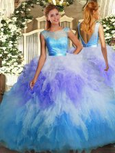  Multi-color Tulle Backless 15 Quinceanera Dress Sleeveless Floor Length Beading and Ruffles
