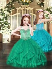  Turquoise Sleeveless Beading and Ruffles Floor Length Little Girls Pageant Dress Wholesale