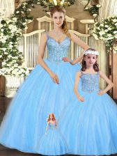 Fine Turquoise Tulle Lace Up Quinceanera Dresses Sleeveless Floor Length Beading