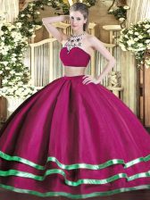 Graceful High-neck Sleeveless Ball Gown Prom Dress Floor Length Beading Fuchsia Tulle
