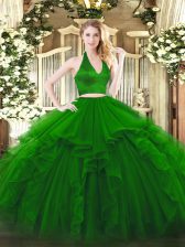 Adorable Floor Length Green Sweet 16 Dresses Organza Sleeveless Ruffles