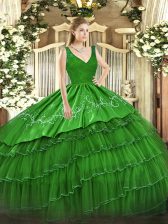  Floor Length Backless Quinceanera Dresses Green for Military Ball and Sweet 16 and Quinceanera with Beading and Lace and Embroidery and Ruffled Layers