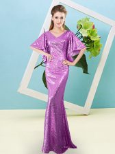 Best Lilac Mermaid Sequins Prom Dresses Zipper Sequined Half Sleeves Floor Length