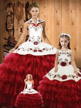  Wine Red Halter Top Neckline Embroidery and Ruffles Quince Ball Gowns Sleeveless Lace Up