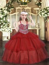  Wine Red Ball Gowns Beading and Ruffled Layers Kids Formal Wear Lace Up Organza Sleeveless Floor Length