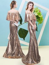  Mermaid Dress for Prom Gold Off The Shoulder Sequined Half Sleeves Floor Length Zipper