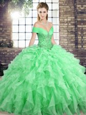  Apple Green Organza Lace Up Off The Shoulder Sleeveless Vestidos de Quinceanera Brush Train Beading and Ruffles