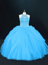 Cheap Floor Length Aqua Blue 15th Birthday Dress Halter Top Sleeveless Lace Up