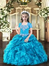 Luxurious Sleeveless Organza Floor Length Lace Up Little Girls Pageant Dress in Baby Blue with Beading and Ruffles