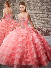  Watermelon Red Straps Lace Up Beading and Ruffled Layers Sweet 16 Dress Court Train Sleeveless