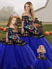  Royal Blue Tulle Lace Up Off The Shoulder Sleeveless Floor Length 15 Quinceanera Dress Embroidery