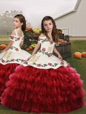 Custom Fit Red Lace Up Little Girls Pageant Gowns Embroidery and Ruffled Layers Sleeveless Floor Length