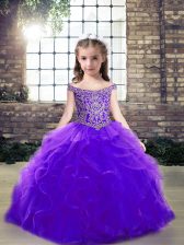 Discount Purple Sleeveless Beading and Ruffles Floor Length Little Girls Pageant Gowns