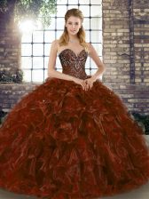  Brown Organza Lace Up Sweet 16 Quinceanera Dress Sleeveless Floor Length Beading and Ruffles