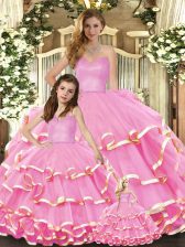 On Sale Rose Pink Quinceanera Gowns Military Ball and Sweet 16 and Quinceanera with Ruffled Layers Sweetheart Sleeveless Lace Up