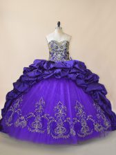 Best Purple Lace Up Sweetheart Embroidery and Pick Ups Sweet 16 Quinceanera Dress Satin and Organza Sleeveless Brush Train