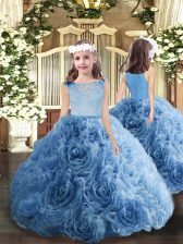 New Arrival Floor Length Blue Kids Formal Wear Fabric With Rolling Flowers Sleeveless Beading