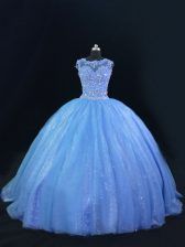  Sleeveless Beading Lace Up Quince Ball Gowns with Blue