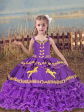  Lavender Sleeveless Floor Length Beading and Embroidery and Ruffled Layers Lace Up Pageant Dress