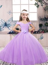 On Sale Lavender Tulle Lace Up Pageant Gowns For Girls Sleeveless Floor Length Belt