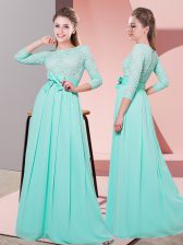  Scoop 3 4 Length Sleeve Court Dresses for Sweet 16 Floor Length Lace and Belt Apple Green Chiffon