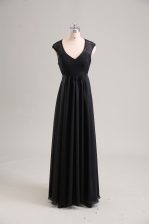 Elegant Floor Length Black Prom Evening Gown V-neck Cap Sleeves Zipper