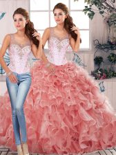 Fantastic Watermelon Red Clasp Handle Ball Gown Prom Dress Beading and Ruffles Sleeveless Floor Length