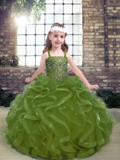 Nice Sleeveless Organza Floor Length Lace Up Pageant Dress for Girls in Olive Green with Beading and Ruffles