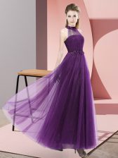 Classical Beading and Appliques Dama Dress for Quinceanera Dark Purple Lace Up Sleeveless Floor Length