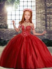 Elegant Red Sleeveless Beading Floor Length Child Pageant Dress