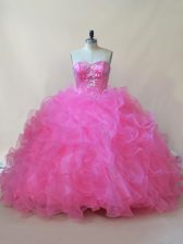Glamorous Rose Pink Ball Gowns Beading and Ruffles Quinceanera Gowns Lace Up Tulle Sleeveless Floor Length