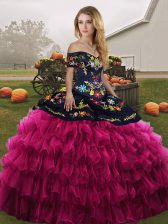 Fashionable Floor Length Lace Up 15 Quinceanera Dress Fuchsia for Military Ball and Sweet 16 and Quinceanera with Embroidery and Ruffled Layers