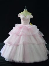 Excellent Pink Ball Gowns Beading and Ruffled Layers Sweet 16 Quinceanera Dress Lace Up Organza Sleeveless