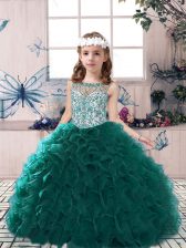 Custom Fit Peacock Green Organza Lace Up Scoop Sleeveless Floor Length Little Girl Pageant Gowns Beading and Ruffles