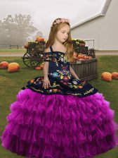 Admirable Fuchsia Lace Up Straps Embroidery and Ruffled Layers Pageant Dress Organza Sleeveless