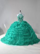 Inexpensive Beading and Pick Ups Ball Gown Prom Dress Turquoise Lace Up Sleeveless Court Train