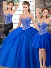  Royal Blue Three Pieces Sweetheart Sleeveless Tulle Brush Train Lace Up Beading and Pick Ups Quince Ball Gowns