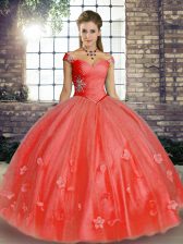 Decent Tulle Off The Shoulder Sleeveless Lace Up Beading and Appliques Vestidos de Quinceanera in Watermelon Red